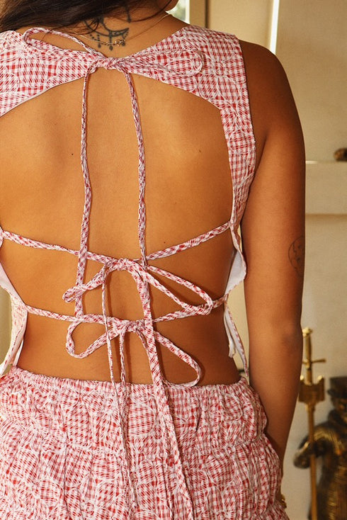 LUNA EMBROIDERED GINGHAM CROP TOP