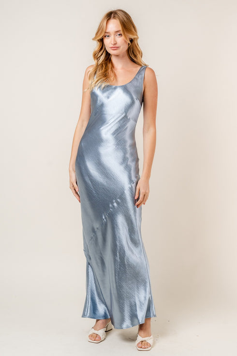METALIC LIGHT BLUE BLACKLESS BIAS MAXI DRESS
