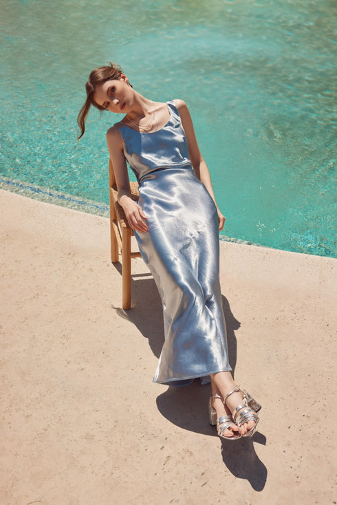 METALIC LIGHT BLUE BLACKLESS BIAS MAXI DRESS