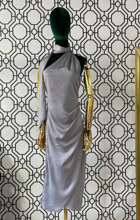 SATIN MIDI LENGHT TIE AT NECK SIDE DRESS