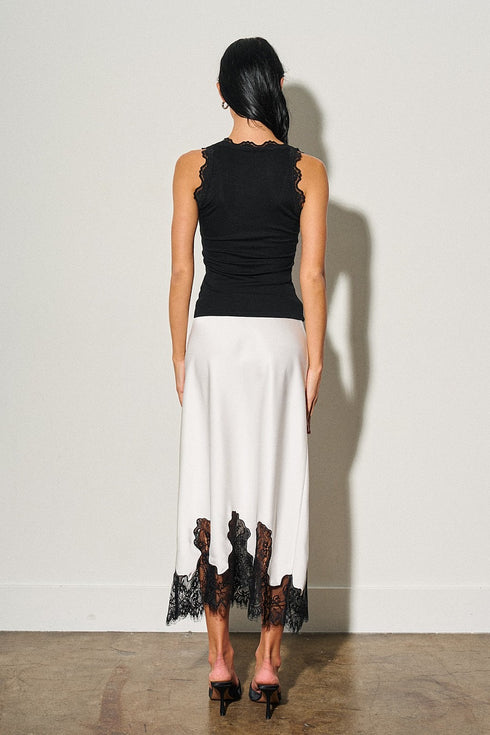 MIDNIGHT LACE SATIN MIDI SKIRT