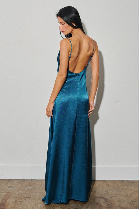 MIDNIGHT LAGOON SATIN MAXI DRESS