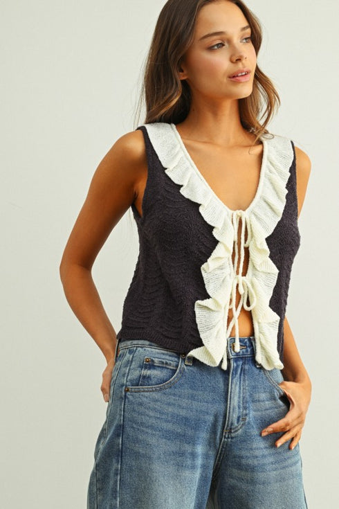 MIDNIGHT RUFFLE TIE TOP