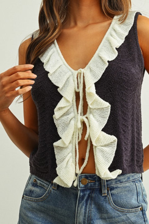 MIDNIGHT RUFFLE TIE TOP