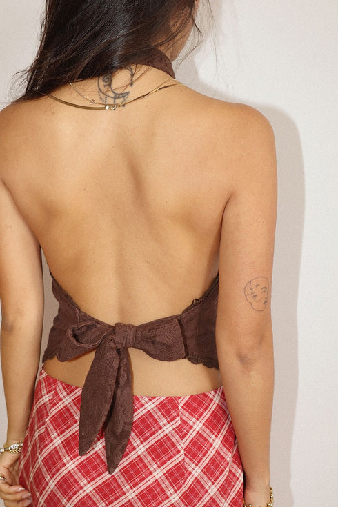 MOCHA MUSE LACE HALTER TOP