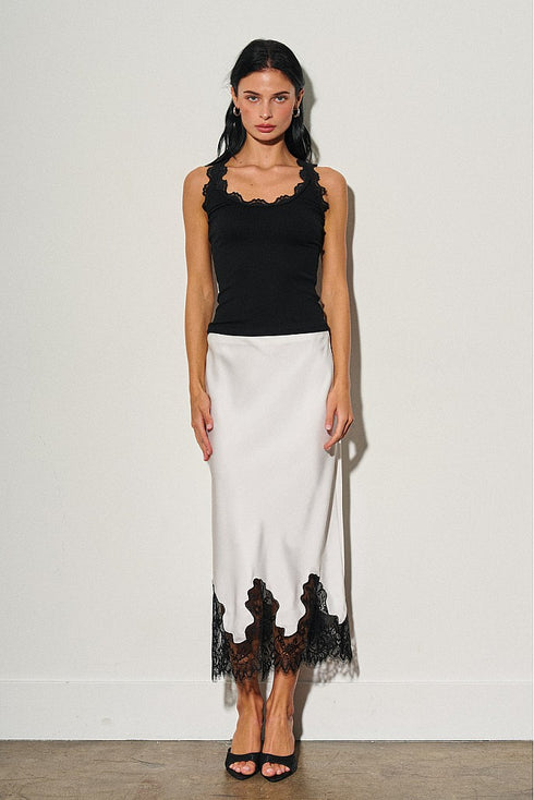 MIDNIGHT LACE SATIN MIDI SKIRT
