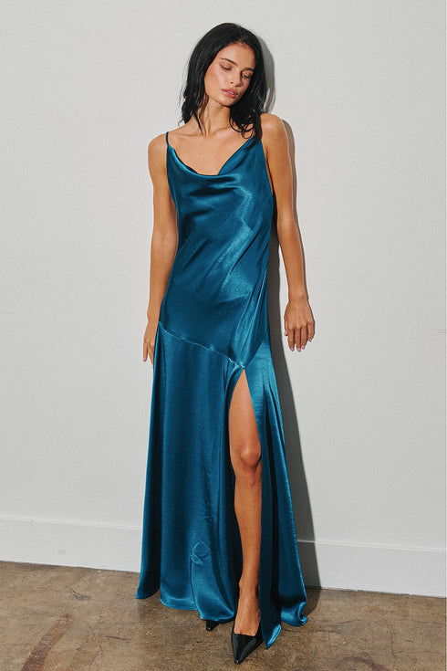 MIDNIGHT LAGOON SATIN MAXI DRESS