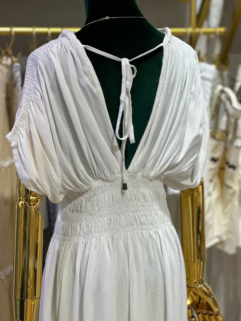 KIMONO SLEEVE SMOCKING DETALED MAXI DRESS