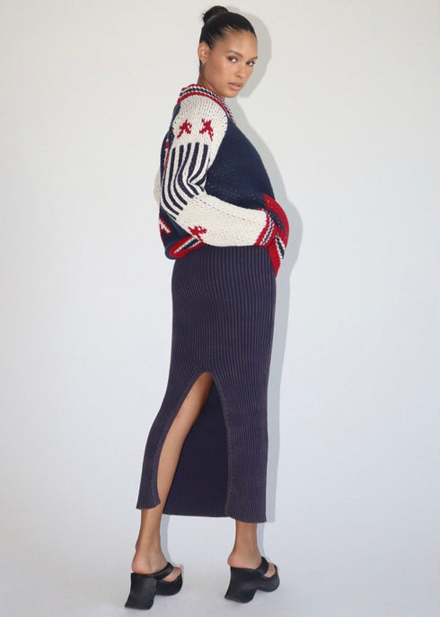 WASHED NAVY KNIT LONG SKIRT