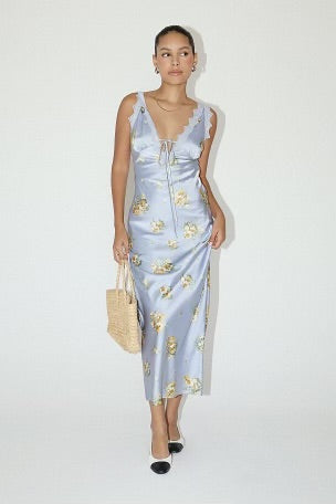 FLOWER PATTERN SATING LONG DRESS