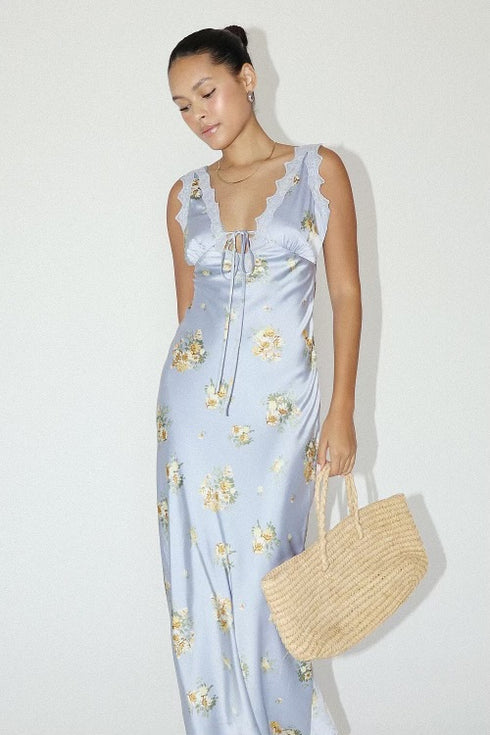 FLOWER PATTERN SATING LONG DRESS