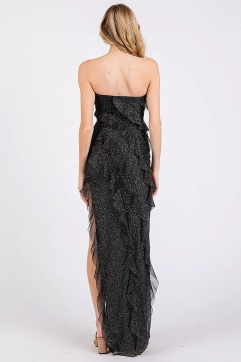 GLITTER RUFFLE MAXI DRESS