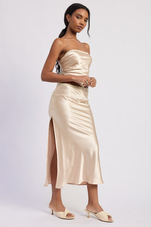 CHAMPAGNE GLOW SATIN MIDI SKIRT