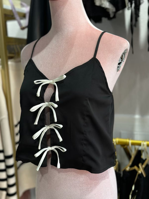 CONTRAST BOW SATIN TOP
