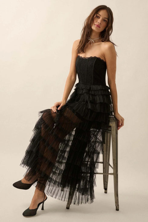BLACK RUFFLED CORSET MAXI DRESS