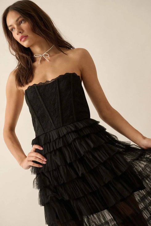 BLACK RUFFLED CORSET MAXI DRESS