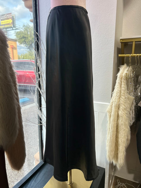 BLACK SATIN SLIP MIDI SKIRT