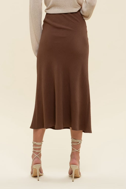 BROWN HIGH WAIST SLIP MIDI SKIRT