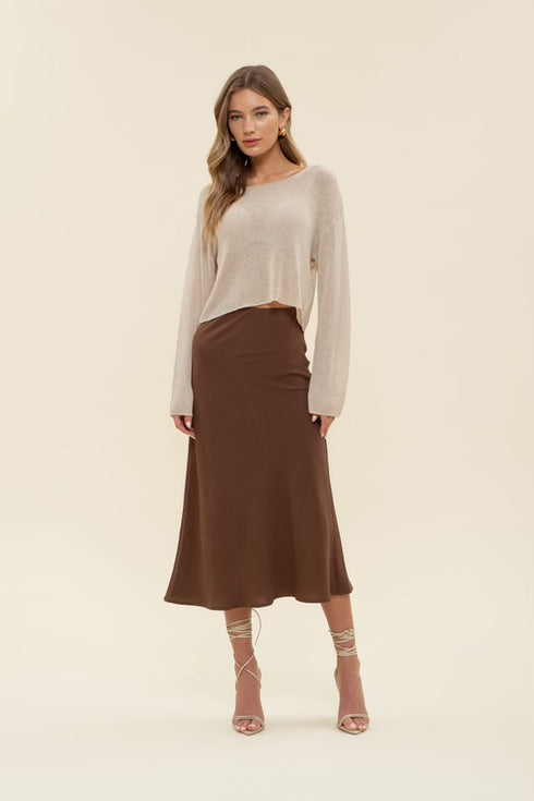 BROWN HIGH WAIST SLIP MIDI SKIRT