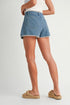 LACE-TRIM PLEATED DENIM SHORTS