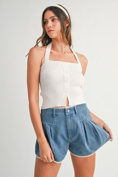 LACE-TRIM PLEATED DENIM SHORTS