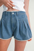LACE-TRIM PLEATED DENIM SHORTS