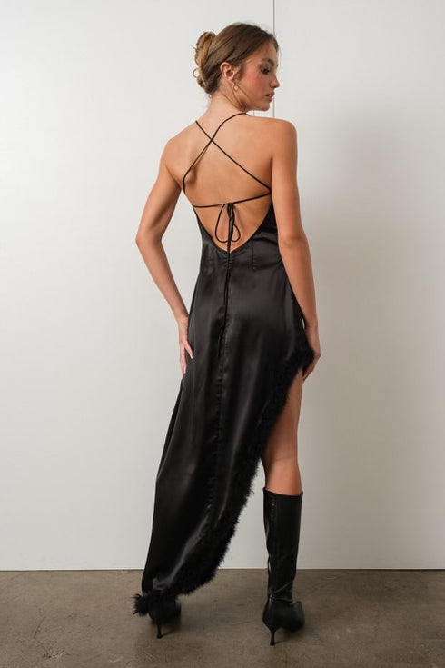 FEATHER TRIM SATIN MAXI DRESS