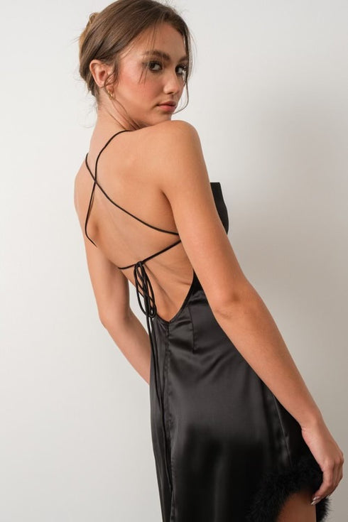 FEATHER TRIM SATIN MAXI DRESS