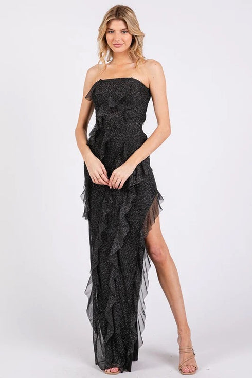 GLITTER RUFFLE MAXI DRESS