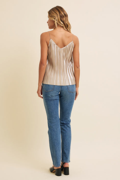 PLEATED CHAMPAGNE METALLIC V-NECK CAMI TOP