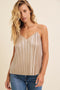 PLEATED CHAMPAGNE METALLIC V-NECK CAMI TOP