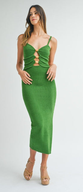 GREEN FRONT CUT OUT KNIT MIDI DRESS