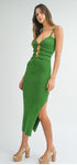 GREEN FRONT CUT OUT KNIT MIDI DRESS