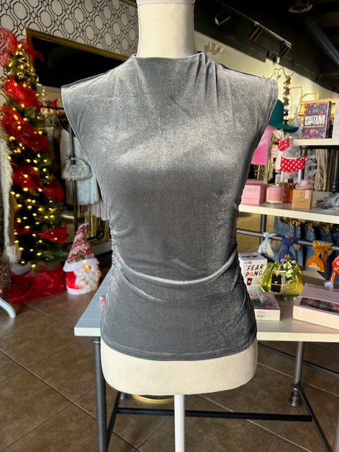 GREY VELVET MOCK NECK TOP