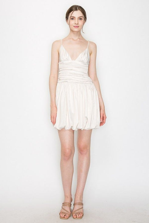 RUCHED BUBBLE HEM WOVEN DRESS