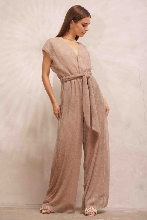 OPEN BACK CROSS WAIST BELT JUMPSUIT