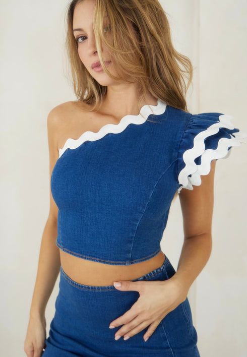 LACE TRIM DENIM TOP