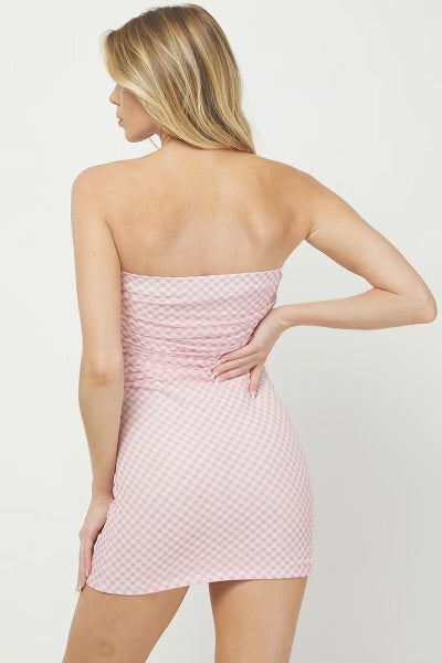 LIGHT PINK GINGHAM MINI DRESS