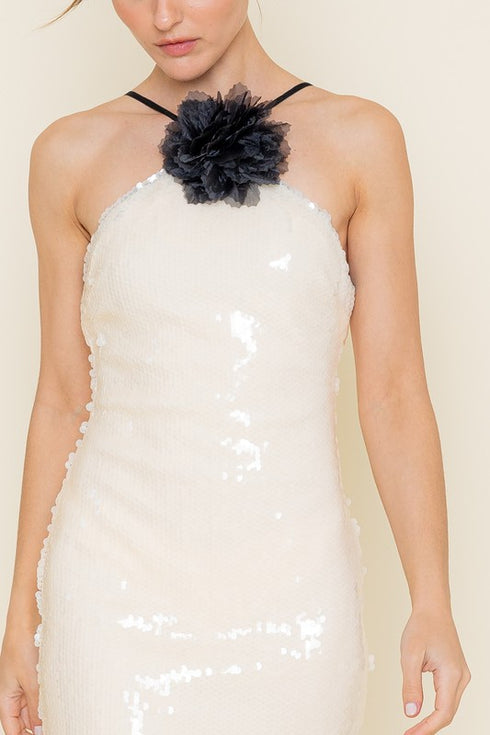 SEQUINED WITH FLORAL EMBELLISHMENT DRESS