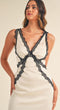 PLUNGE NECKLINE LACE TRIM MIDI DRESS