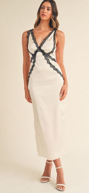 PLUNGE NECKLINE LACE TRIM MIDI DRESS