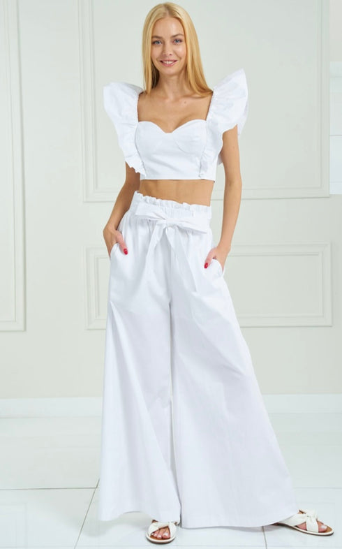 White blouse with white wide pants set